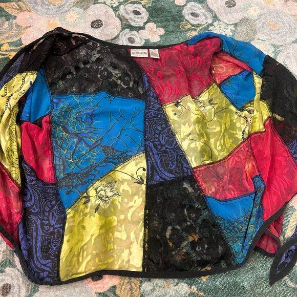 Chico's Silk Lace patchwork Top Women Large Multicolor Velvet Tie Front blouse 2 - Picture 3 of 15